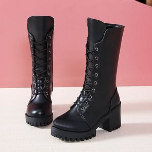 Size 35-41 British Style Boots Womens Thick High Heels Black Lace Up Motorcycle Boots Zipper Knight Boots