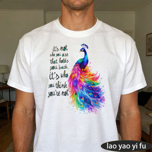 [Local Stock] HBESTY  Colorful Rainbow Peacock Inspirational Quote Men Summer Cotton T Shirt Vibrant Bird Motivational Graphic Holiday Travel Tee