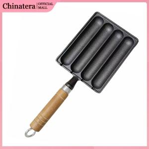 Cast Iron Pre-Seasoned Pot with Wooden Handle Pot for Grilled Sausage Baking Mold Food Tool Hot Dog Baking Steaming Tool