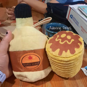 BARK Durable Squeaky 2-in-1 Rip & Reveal Sticky Paws Maple Syrup Pancake Interactive Plush Pet Dog Puppy Cat Soft Toy with Squeaker and Crinkle Sound P