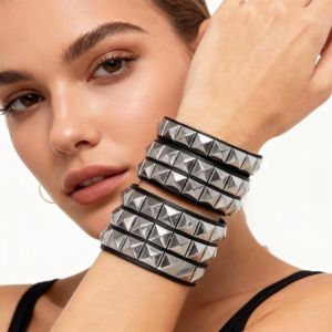 XIJIBAN Goth Studded Bracelet Pu Leather Punk Black Wristband Three Rows Cuff Bangle Rock Style