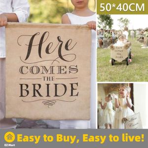 【Fast Shipping】 HERE Comes The Bride Wedding Rustic Ceremony Burlap Banner for Wedding Backdrop Decoration Flags Wedding-Burlap-Banner
