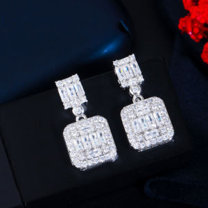 SEQUITO Sparkling Cubic Zirconia Square Drop Earing for Women Silver Color Delicate Jewelry Bridesmaid Gift SE400