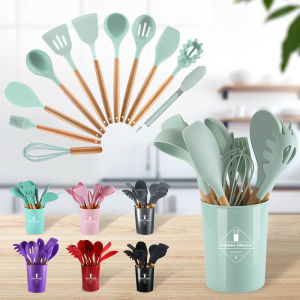 Silicone Kitchenware 11 PCS Cooking Utensil Set Spatula Baking Tools With Wooden Handle Heat Resistant Cooking Tools