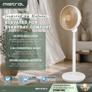 MISTRAL 12" DC Motor High Velocity Stand Fan with Remote Control MHV1412R-G | Greenleaf Series | Wooden Design | Low Noise