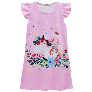 Kids Girls Teenage Summer Unicorn Printed Skirts Long Children Baby Princess Clothes Short Sleeve For 3 4 5 6 7 8 yrs