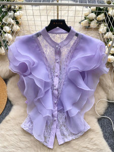 SINGREINY Luxury 3D Ruffles Blouses Women French Style Single Breasted Lace Patchwork Shirt Summer Versatile Gentle Loose Tops2026