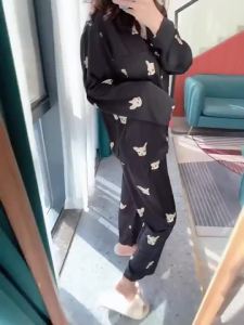 Smile Korean M-2XL Silk Pajamas Women Long Sleeve Plus Size Loungewear Set