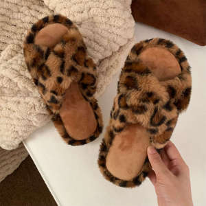 WY-Xixitiao Dép cotton ấm áp thoải mái cho mùa đông mùa thu hở mũi thường ngày cho Nữ Dép lông thú ấm áp in da báo thời trang phong cách Ins cho phòng ngủ