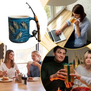 MILDGLOW Resin Fishing Coffee Mug Rod Reel Design Grip Handle Simulated Fishing Line Cup Funny Funny Fishing Mug Gift