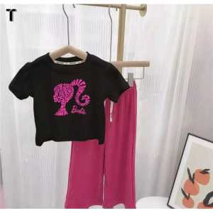 SETELAN ANAK PEREMPUAN BARBIE RIB BAHAN KATUN LENGAN PENDEK DAN CELANA PANJANG USIA 6 BULAN -5 TAHUN