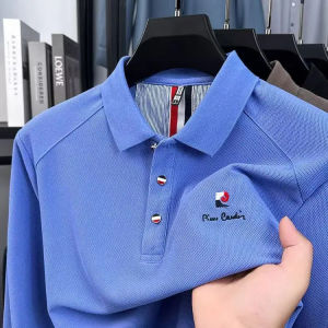 Original Design Mens Lapel Long Sleeve T-Shirt Autumn New Solid Exquisite Letter Embroider Business Smart Menswear