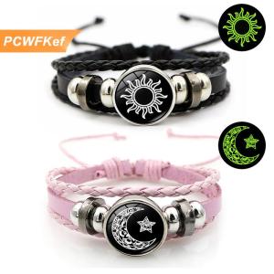 【PCWFKef】 2ชิ้นกำไลข้อมือคู่เรืองแสงดวงอาทิตย์ดวงจันทร์สีดำปรับได้สร้อยข้อมือสร้อยข้อมือถักมิตรภาพแฟชั่นโรแมนติกของขวัญวันเกิด