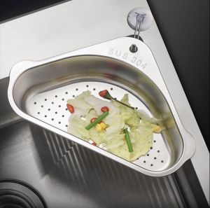 ชั้นวางถ้วยดูดครัวเรือนอ่างผักตะกร้าท่อระบายน้ํา 304 สแตนเลสแขวนสามเหลี่ยม ag