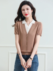 Cocoepps mùa hè phiên bản Hàn Quốc mới ngắn tay Áo polo Áo len phong cách ngắn ve áo nữ