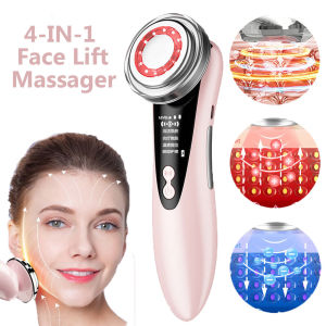 New  4 In 1 EMS Face Lift Massager Ultrasonic Vibrates Firm Tighten Skin Red Blue Light Warm Facial Deep Cleansing Remove Acne Spots Blackhead Skin Rejuvenation Spa Beauty Tool