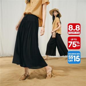 Giordano Women Frill trim drawstring waist culotte pants Free Shipping 18426512