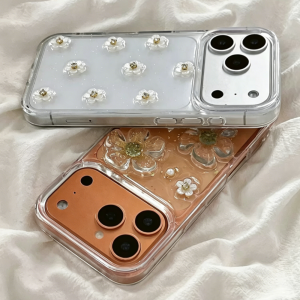 Cute 3D Epoxy Clear Drop Glue Gold Foil Glitter Flowers Shockproof Phone Case for iPhone 17 16 15 14 13 12 11 Pro Max Plus Cover