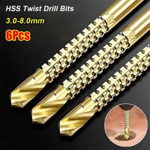 LUSIT 6Pcs 3-8mm Serrated Drill Bits Titanium Coated Serrated Grooving HSS Twist Drill Bits  3 In 1 Grooving Tool Set Woodworking Parts