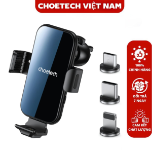 Giá đỡ điện thoại tích hợp sạc không dây trên ô tô 15W Choetech T201-F kèm 3 đầu sạc hít nam châm đa năng (Lightning Micro Type C)