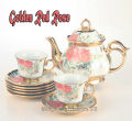 14 PC + CHROMED STAND NORDIC BIG TEA POT GOLDEN RIM FLEUR COFFEE/TEA SET LZ14SLYJ. 