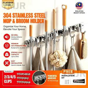 【24H SHIP】Mop Holder Broom Holder Wall Mount 304 Stainless Steel No Drill 6 Hooks 5 Clips Heavy Duty Storage Rack Bathroom Kitchen
