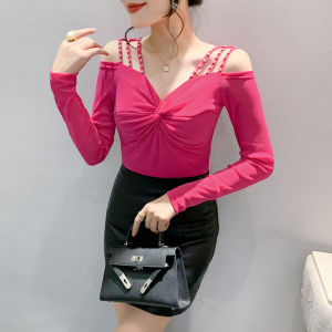 Yimei Áo Thun Nữ xinh đẹp mới mùa thu Áo lưới cổ chữ V thắt nút màu tím thời trang kim cương theo phong cách phương Tây đính hở vai dài tay áo Thun Cơ Bản