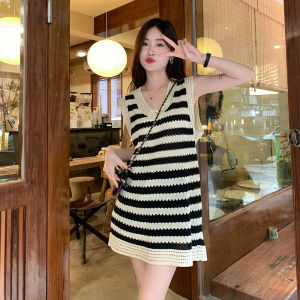 Missliu Fashion Womens Striped Sleeveless Dress Summer Korean New All-match Hollow Knitted Tank Top Skirt