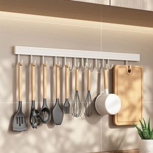 BLESSFUL 20/30/40/50cm Kitchen Utensils Rack Rail Space Aluminum Kitchen Hook Rack Space Saving No-Punching Wall Hanging Rod Rack Home