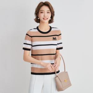 Luckin Áo Thun Kẻ Sọc Ngắn Tay hàng hiệu cho phụ nữ cho nữ áo dệt kim cổ tròn dáng rộng Mới Mùa Hè 2025