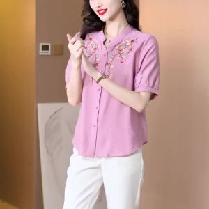 LUCKIN STORE Vintage Embroidered Shirt Top 2026 Summer New Embroidery Button Blouses High end Cotton Linen Top