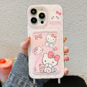 Cartoon Cat Card Case Phone Case for iPhone 11 12 13 14 15 16 17 Pro Max Plus Hanging rope TPU anti fall protective cover for iPhone13 case casing