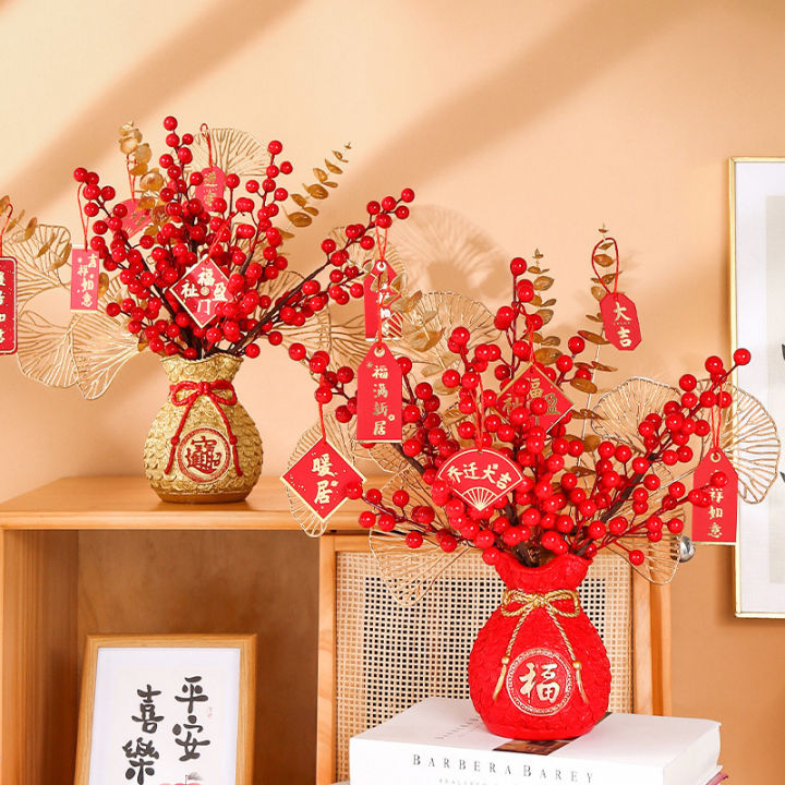 2024 Chinese New Year CNY Artificial Flowers Vase Lucky Fruit Fortune Red  Gold Tree Ornament Home Decoration Creative Gift Room Decor新年发财發財果客厅招财布置摆件