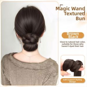 LEKGAVD 12 inch Tóc giả búi tự cuốn Tổng hợp Quấn quanh linh hoạt Tóc giả tết dài Thời trang Tết tóc xoắn Tóc giả búi hoa dành cho phụ nữ