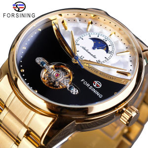 ใหม่ forsining นาฬิกาแฟชั่นผู้ชายเป็นลมตนเองดวงอาทิตย์สีทองและข้างแรมเข็มขัดเหล็ก Tourbillon สีดำสีขาวใบหน้าธุรกิจเครื่องจักร R eloj hombre ของขวัญของผู้ชาย