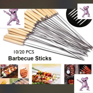 10/20 PCS BBQ Skewer Reusable Stainless Steel Barbecue Grilling Wooden Handle Kebab Stick BBQ Tools Camping Accessories