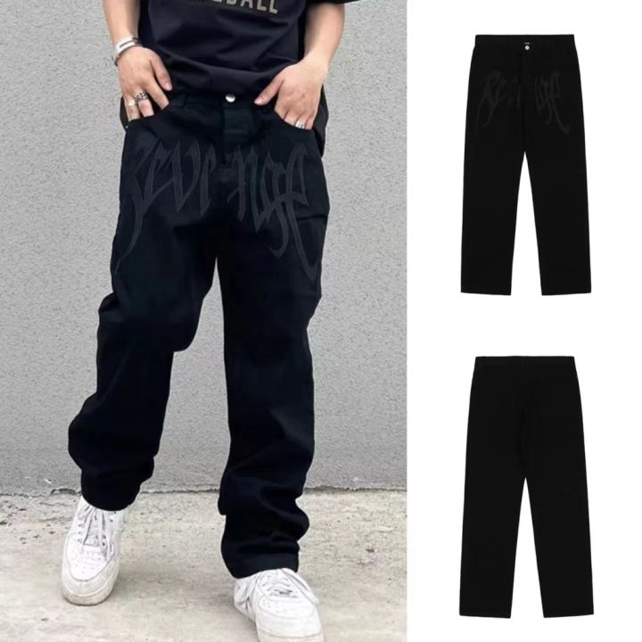 COD& Ready Stock】Y2K Men's Fashion Black Streetwear Embroidered Low Rise  Casual Jeans Trousers Straight Hip Hop Alt Denim Pants Male Clothes