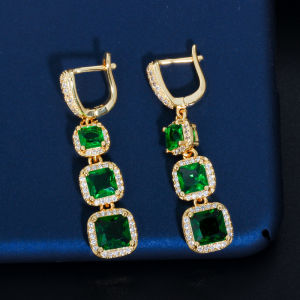 SEQUITO Luxury Hight Quality Yellow Gold Plated Micro Pave AAAAA Cubic Zirconia Red Stone Three Rectangle Long Dangle Drop Earrings for Bridal Wedding Party SE731