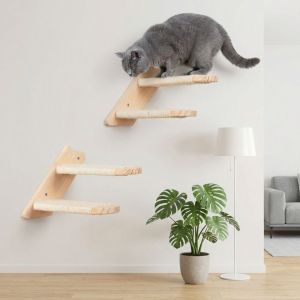 LEKGAVD Wear Resistant Cat Climbing Shelf Wooden Space Saving Sisal Rope Cat Stairs Cat Scratching Post with Cushion Wall Mounted Cat Hammock Training