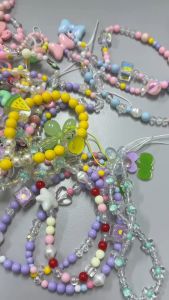 💖Ready Stock💖Cute Beaded Phone Charm Strap 🎀 Purple Bow Phone Chain Sweet Style Mobile Phone Decoration