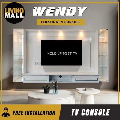 Living Mall Wendy Hanging TV Console Floating with Socket LED Light Display Cabinet & Drawers