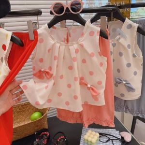 AILEBE Kids Sets Terno Korean Style Polka Dot Sleeveless Top Shorts Set Cute 3D Detail Soft Breathable Summer Casual Wear Trendy OOTD Pambahay For Girls 1-10 Years