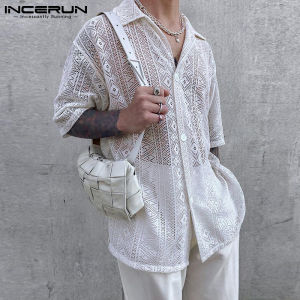 Medussa INCERUN Men Casual Baggy Party Short Sleeve See Through Lace Shirt Button Down Tops (Western Style)