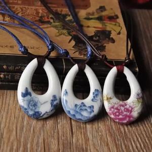 Chinese Ceramic Necklace Blue White Porcelain Teardrop Hand Woven Adjustable Cord