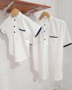 Koko Couple Lengan Pendek Motif Polos Bahan TOYOBO Premium Warna Biru Tua dan Abu Baju Bedug Sarimbit Ayah Dan Anak