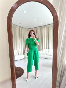 SJM SET CEL KEMEJA CROP CELANA 7/8 WANITA IMPORT BKK KATUN LINEN KANCING MUTIARA PREMIUM 2237