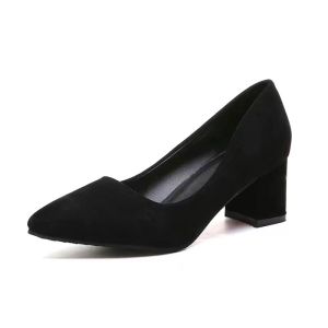 Free Shipping Autumn And Winter Chunky Heel Pumps For Women Mid-Heel Black Versatile For The Workplace Pointed Toe Grandma Shoes Korean Style