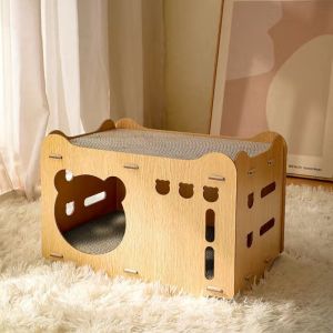 CHONG CHONG 42*29*30Cm Wooden Cat House 2 Scratcher Board Cat Bed Cat Sleeping