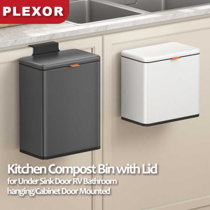 Plexor Kitchen Compost Bin with PP Inner Bucket Hanging Trash Can with Lid 5/8L 430 Stainless Steel Garbage Can for Kitchen Cabinet Door Mounted Trash Can Under Sink Door RV Bathroom(Silver/White/Grey)