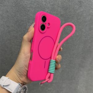 for Magsafe Liquid Silicone Lanyard Case for iPhone 16 15 14 Pro Max Plus 11 12 13 Hand Wrist Strap Candy Color Shockproof Cover
